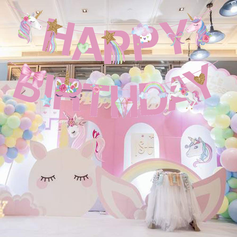 Unicorn Happy Birthday Banner/Unicorn Party Supplies Decorations for Kids Birthday Party Decoration,Pink