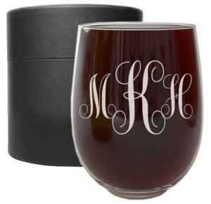 personalized etched monogram 17oz stemless wine glass, gifts for women, customized engraved christmas gifts, unique mother's day gift, customizable bridesmaid birthday wine tumbler, script monogram