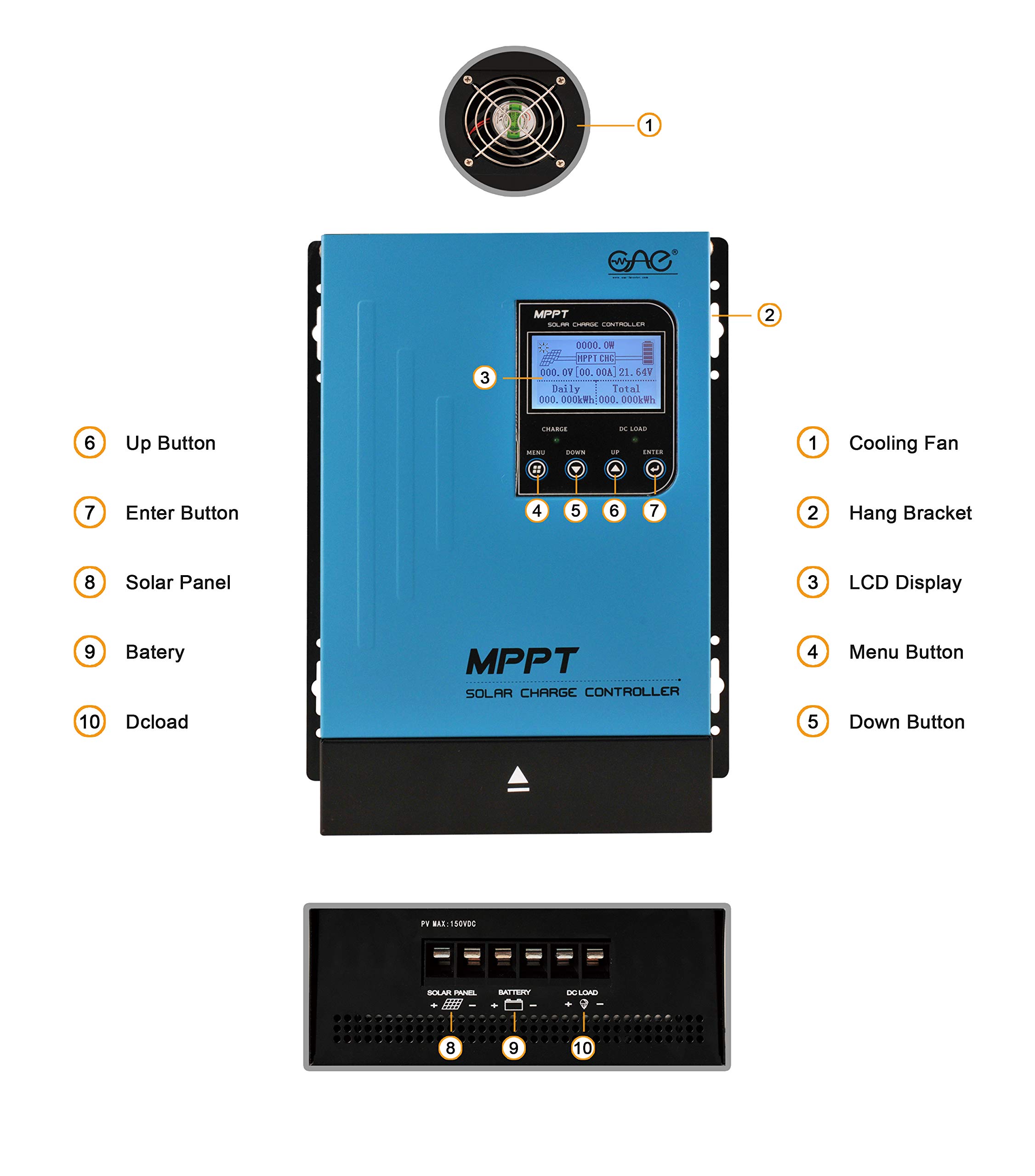 60A MPPT Solar Charge Controller 60amp Panel Battery Charger Controller 48V 36V 24V 12V Auto Max 150VDC Input mppt Charge Controllers Support Sealed Gel AGM Flooded Lithium Battery