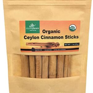 Organic Ceylon cinnamon sticks, True or Real Cinnamon, Premium Grade, Harvested from a USDA Certified Organic Farm in Sri Lanka 1 oz / 28 g (3" cut 6 to 7 sticks)