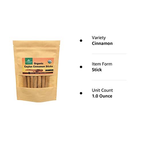 Organic Ceylon cinnamon sticks, True or Real Cinnamon, Premium Grade, Harvested from a USDA Certified Organic Farm in Sri Lanka 1 oz / 28 g (3" cut 6 to 7 sticks)