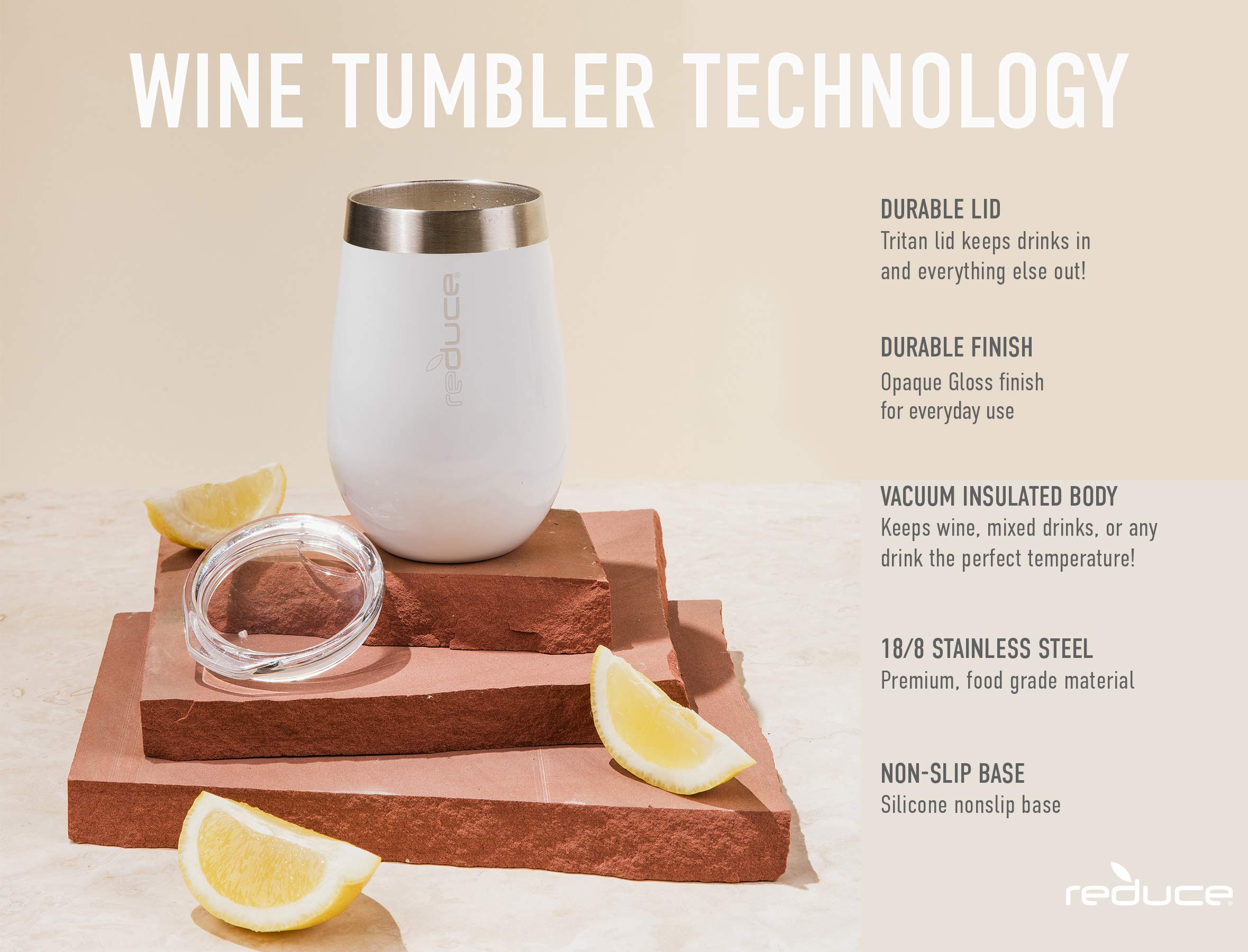 Reduce Wine Tumbler With Lid, 12oz - Stainless Steel Stemless Wine Tumbler - Enjoy Your Wine at the Perfect Temperature - Perfect Outdoor Wine Glasses, Makes a Great Gift - White Gloss