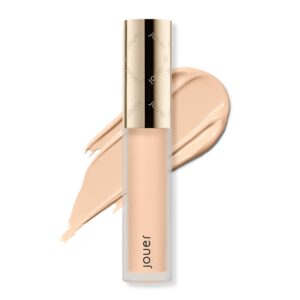 jouer essential high coverage liquid concealer - brightening concealer - color corrector for under eye dark circles, spot coverage, and eye primer - soft matte finish, wheat