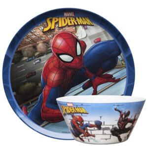 zak designs marvel comics spider-man - kids dinnerware set, including 10in melamine plate and 27oz bowl set, durable and break resistant plate and bowl makes mealtime fun (melamine, bpa-free)