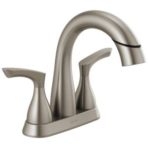 delta faucet broadmoor pull down bathroom faucet brushed nickel, bathroom faucet, bathroom sink faucet with pull down sprayer, centerset bathroom faucet with magnetic docking, matte black 25765lf-sspd