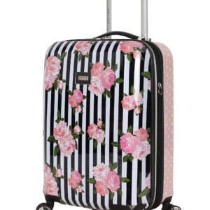 Betsey Johnson Designer 20 Inch Carry On - Expandable (ABS + PC) Hardside Luggage - Lightweight Durable Suitcase With 8-Rolling Spinner Wheels for Women (Stripe Roses)