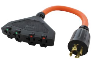 ac works l14-20p 20amp 4-prong generator locking plug to (4) nema 5-15/20r household connector (orange-1.5ft)