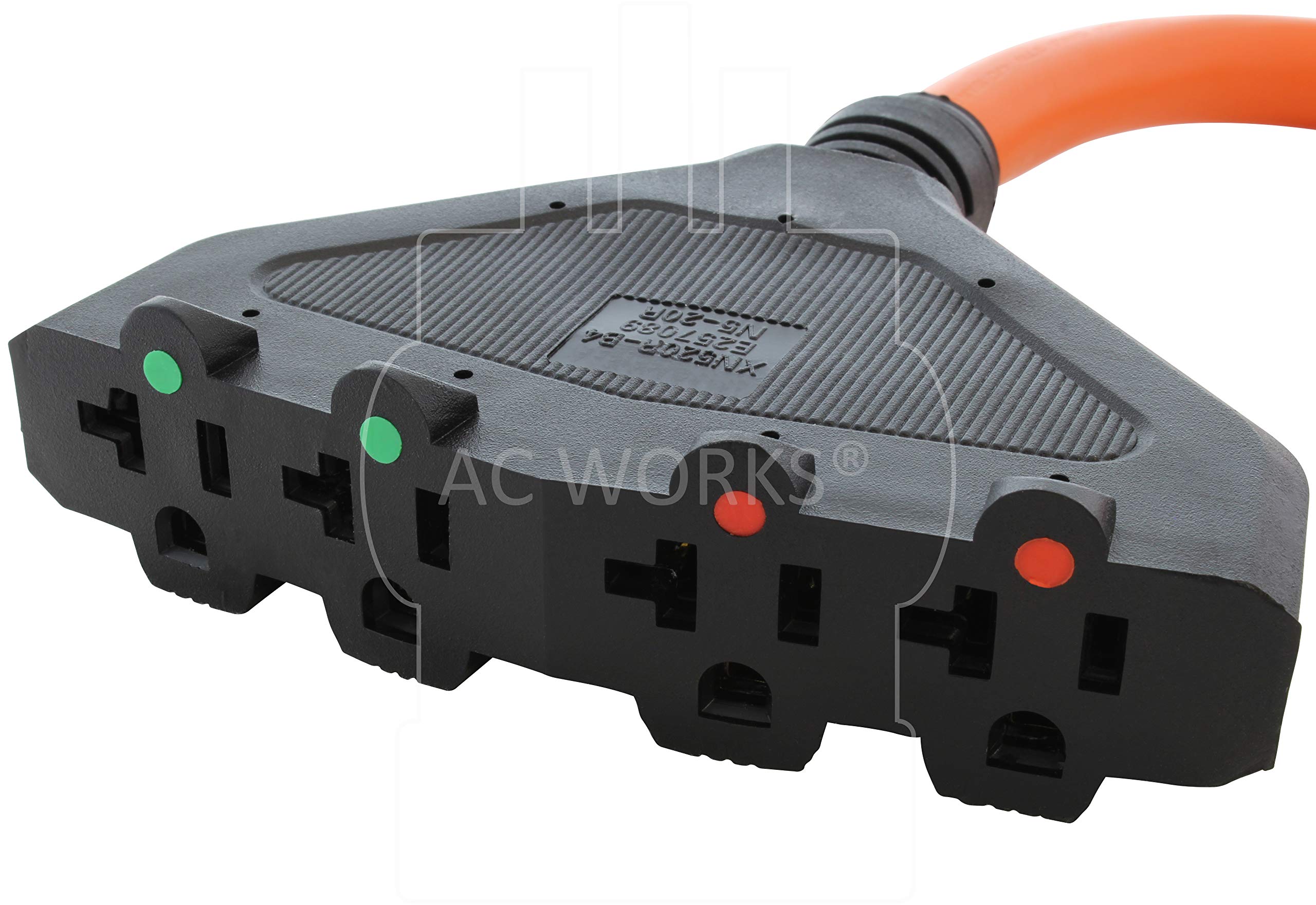 AC WORKS L14-20P 20Amp 4-Prong Generator Locking Plug to (4) NEMA 5-15/20R Household Connector (Orange-1.5FT)