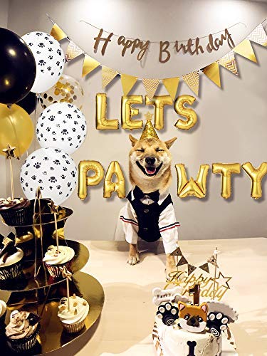 Legendog 23PCS Dog Party Decor Set Fashion Party Banner Cone Hat Party Balloon with Pump (Golden)