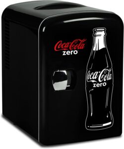 coca-cola zero cz04 4 liter/4.2 quarts 6 can portable cooler/mini fridge, beverages, baby food, skincare and medications-use at home, office, dorm, car, rv or boat-ac & dc plugs included, black/red