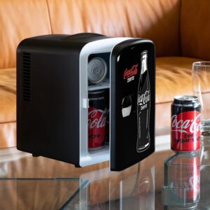 Coca-Cola Zero CZ04 4 Liter/4.2 Quarts 6 Can Portable Cooler/Mini Fridge, Beverages, Baby Food, Skincare and Medications-Use at Home, Office, Dorm, Car, RV or Boat-AC & DC Plugs Included, Black/Red