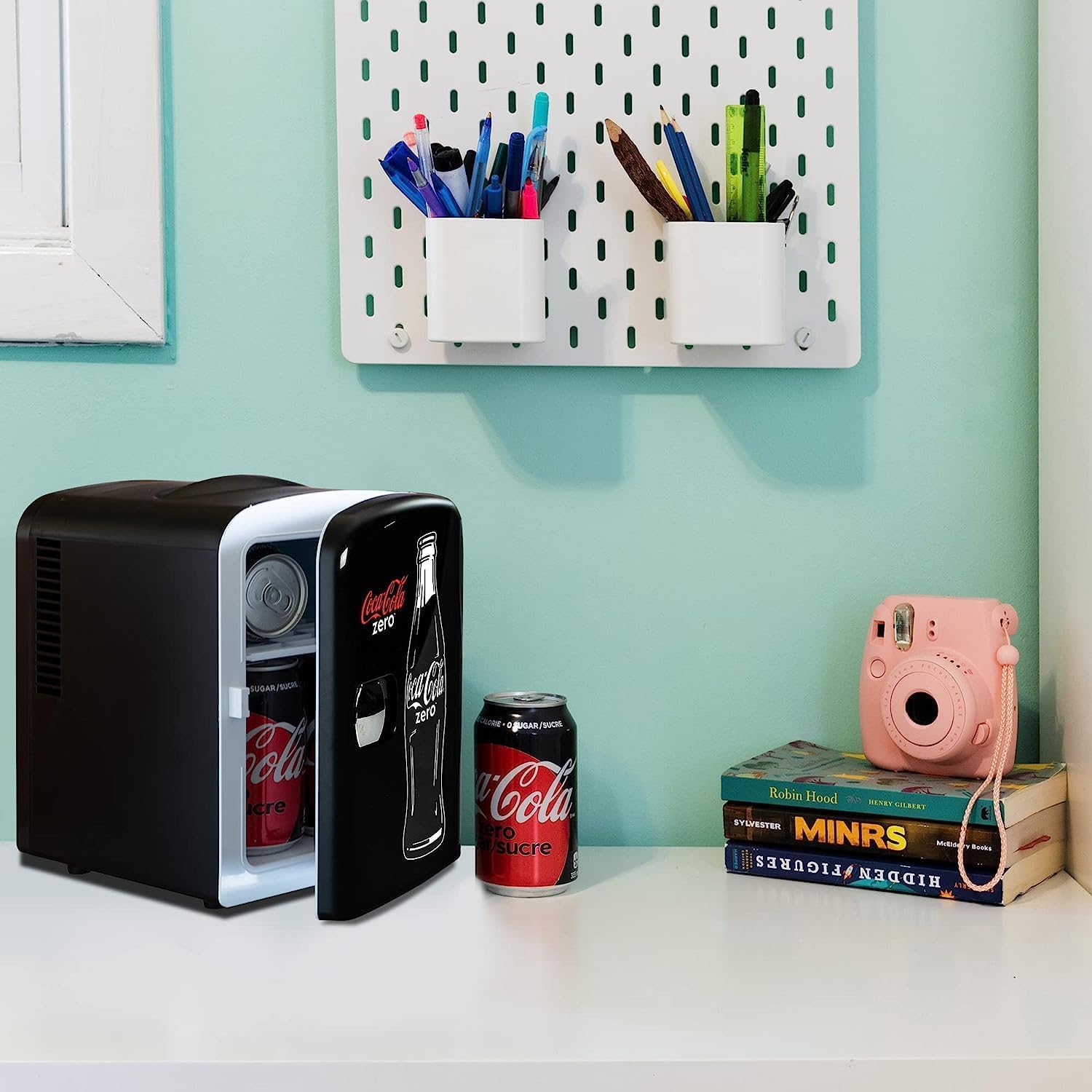 Coca-Cola Zero CZ04 4 Liter/4.2 Quarts 6 Can Portable Cooler/Mini Fridge, Beverages, Baby Food, Skincare and Medications-Use at Home, Office, Dorm, Car, RV or Boat-AC & DC Plugs Included, Black/Red