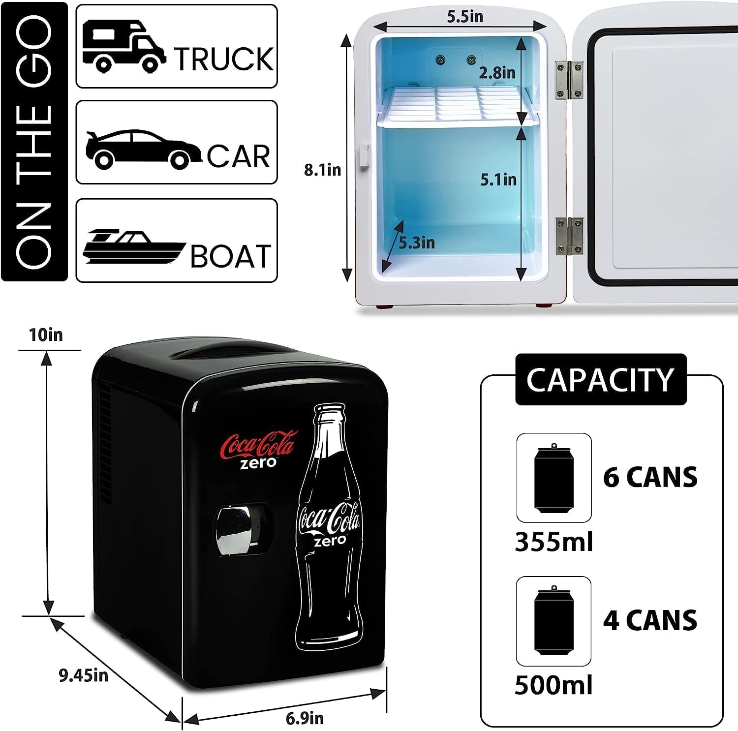 Coca-Cola Zero CZ04 4 Liter/4.2 Quarts 6 Can Portable Cooler/Mini Fridge, Beverages, Baby Food, Skincare and Medications-Use at Home, Office, Dorm, Car, RV or Boat-AC & DC Plugs Included, Black/Red