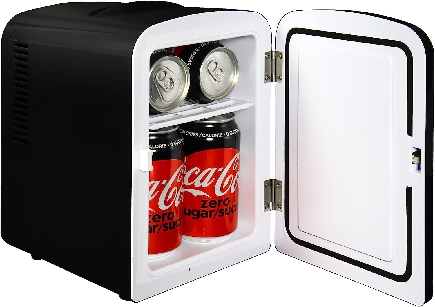 Coca-Cola Zero CZ04 4 Liter/4.2 Quarts 6 Can Portable Cooler/Mini Fridge, Beverages, Baby Food, Skincare and Medications-Use at Home, Office, Dorm, Car, RV or Boat-AC & DC Plugs Included, Black/Red