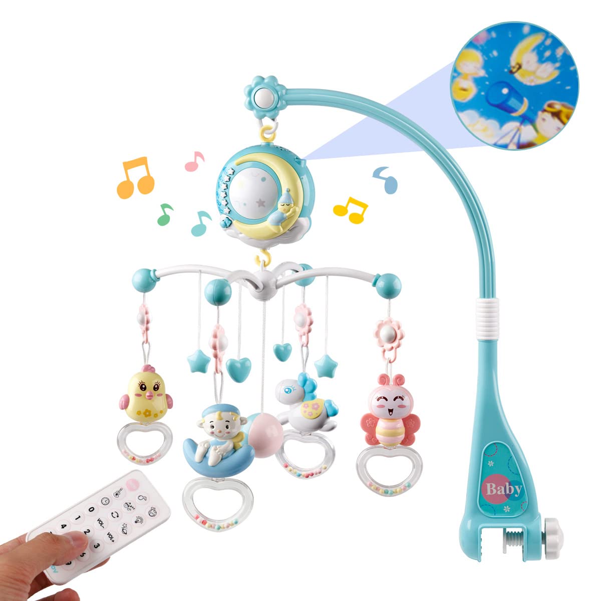 Mini Tudou Baby Musical Mobile Crib with Music and Lights, Timing Function, Projection, Take-Along Rattle and Music Box for Babies Boy Girl Toddler Sleep