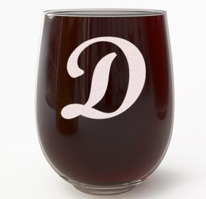 etched monogram 17oz stemless wine glass (letter d) a-z personalized wine glasses custom wine glasses customized gifts for her women initial monogrammed engraved