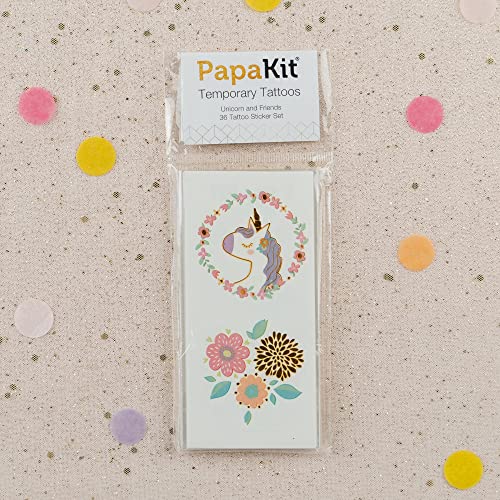 PapaKit Unicorn and Friends 36 Temporary Fake Tattoo Set, 18 Individually Wrapped Sheets | Kids Girls & Boys Birthday Party Favor Gift Reward, Non-Toxic Safe Removable