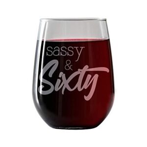 sassy & 60- engraved stemless 17oz wine glass- 60th birthday wine glass for women-unique-funny gifts adult drinkware vintage 1958 for men or women. includes free food pairing card