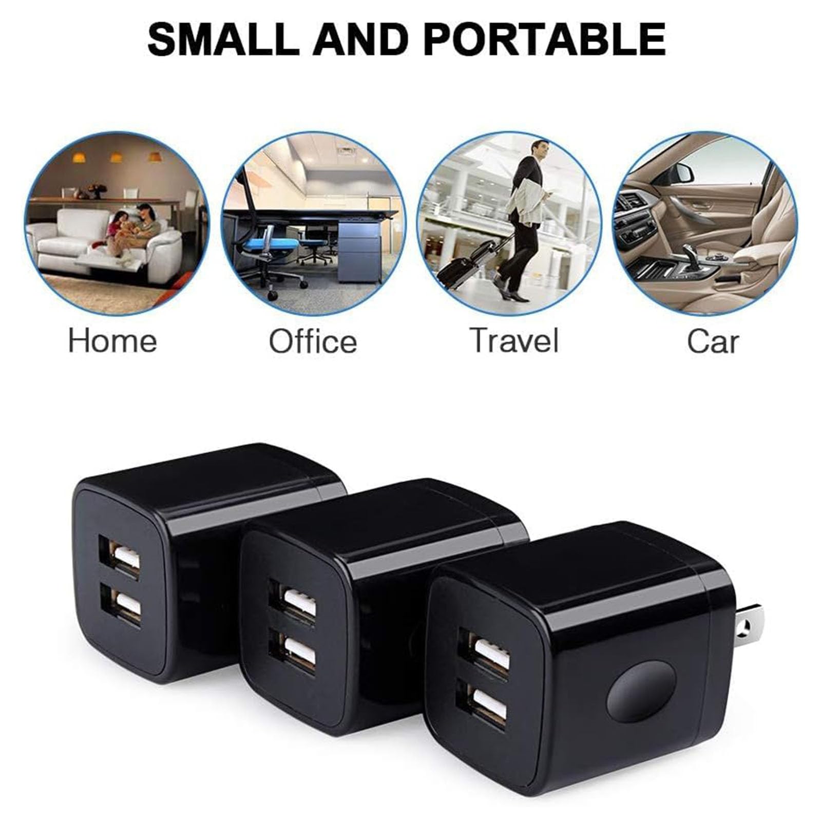 Black USB Wall Adapter, Charging Block, 3Pack Dual Port 2.1A Fast Wall Charger Brick Base Cube USB Plug Outlet Phone Charger Box Compatible iPhone 15 14 13 12 11 XS Max XR X 8 7 6, iPad, Samsung, LG