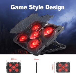 Pccooler Laptop Cooling Pad, Laptop Cooler with 5 Quiet Red LED Fans for 12-17.3 Inch Laptop, Dual USB 2.0 Ports, Portable 6 Angle Adjustable Laptop Stand for Gaming Laptop