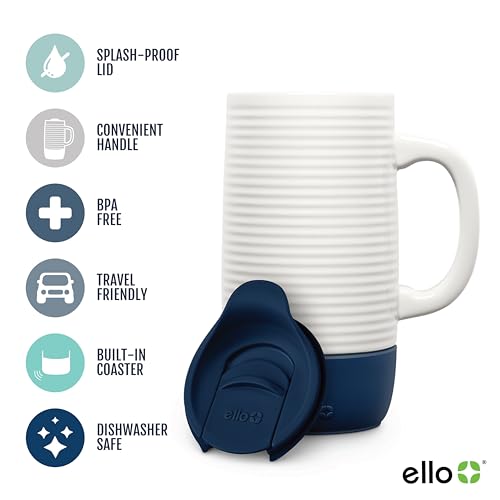 Ello Jane 18oz Ceramic Travel Mug with Handle, Splash-Resistant Slider Lid and Built-in Coaster, Perfect for Coffee and Tea, BPA Free, Dishwasher Safe, Holiday Gift Her Him, Midnight