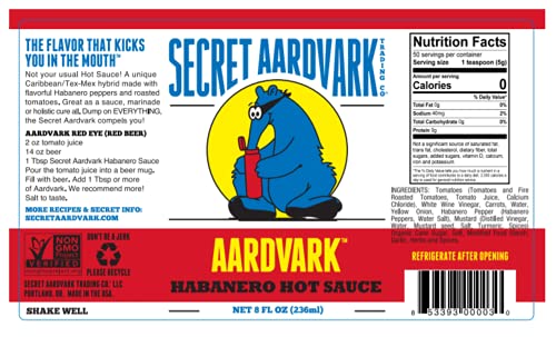 Secret Aardvark Habanero Hot Sauce – Habanero Peppers & Roasted Tomatoes, Medium Spiced Hot Sauce, BBQ Sauce, Non-GMO, Low Sugar, Low Carb, Gluten-Free Hot Sauce & Marinade – 8 fl oz 1 Pack