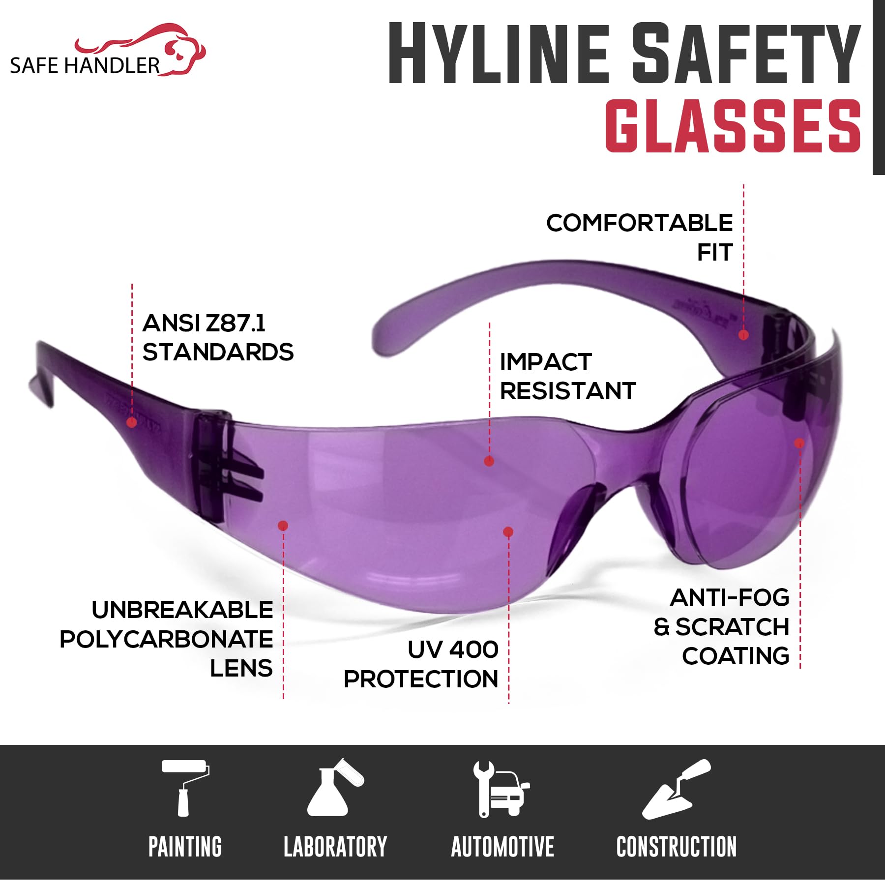 SAFE HANDLER BISON LIFE Hyline Safety Glasses | FULL COLOR, ANSI Z87.1, Impact Resistant, Unbreakable Lens, 99% UV Protection, Anti-Scratch & Anti-Fog, 12 PAIRS 12 Assorted Colors (1 box)