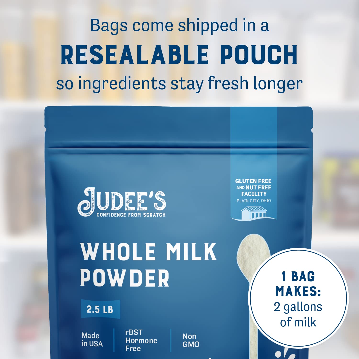 Judee's Whole Milk Powder - Non-GMO, Hormone-Free, Gluten & Nut-Free - Shelf Stable, Travel Ready - Made in USA, 2.5 lb