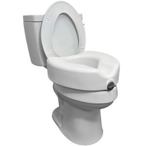 probasics raised toilet seat for seniors with safety lock, round or elongated toilets, secure locking mechanism, 4.5" height, hygienic cutout, easy assembly, universal fit, 350lbs