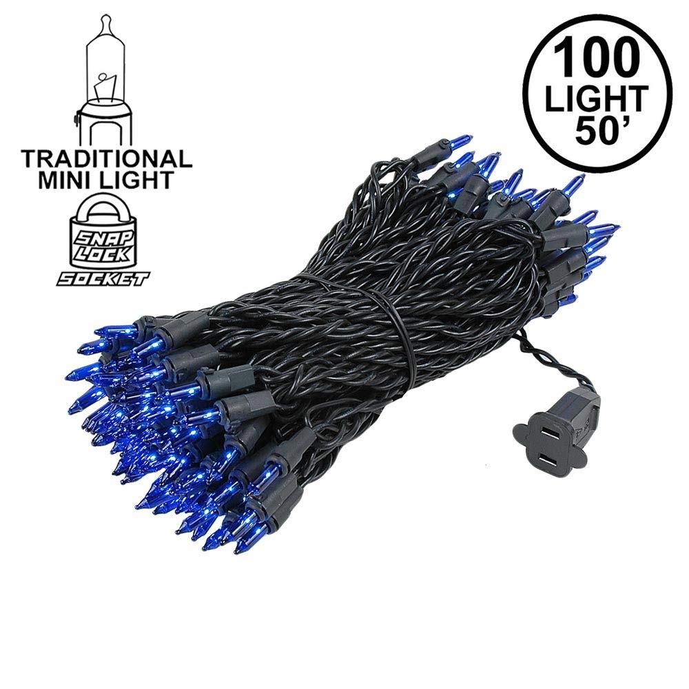 Novelty Lights 100 Light Blue Christmas Mini String Light Set, Black Wire, Indoor/Outdoor UL Listed, 50' Long