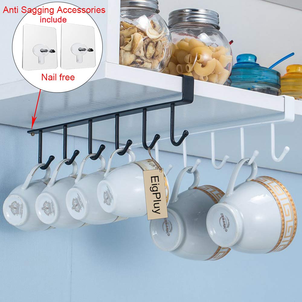 EigPluy Mug Holder Under Cabinet Adhesive Cup Hooks Drilling Free Coffee Cups Holder Kitchen Utensil Storage Shelf Ties Belts Scarf Hanging Rack