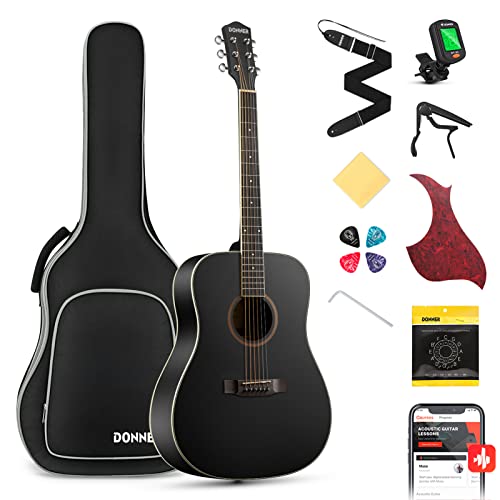 Donner 41'' Full Size Acoustic Guitar - Complete Beginner Kit for Adults, Teens with Free Online Lesson, Dreadnought Acustica Guitarra Bundle Set with Gig Bag, Strap, Tuner, Pickguard, Black DAG-1B