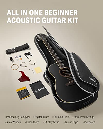 Donner 41'' Full Size Acoustic Guitar - Complete Beginner Kit for Adults, Teens with Free Online Lesson, Dreadnought Acustica Guitarra Bundle Set with Gig Bag, Strap, Tuner, Pickguard, Black DAG-1B