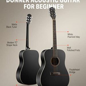 Donner 41'' Full Size Acoustic Guitar - Complete Beginner Kit for Adults, Teens with Free Online Lesson, Dreadnought Acustica Guitarra Bundle Set with Gig Bag, Strap, Tuner, Pickguard, Black DAG-1B