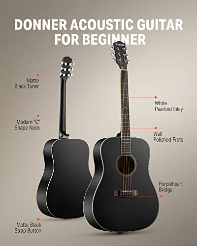 Donner 41'' Full Size Acoustic Guitar - Complete Beginner Kit for Adults, Teens with Free Online Lesson, Dreadnought Acustica Guitarra Bundle Set with Gig Bag, Strap, Tuner, Pickguard, Black DAG-1B