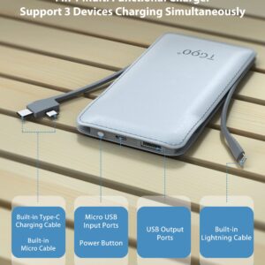 TG90° Portable Charger with Built in Cable, 10000mah Power Bank Type C USB C Cell Phone Thin Slim Lightweight Travel Tiny Charger Backup Battery Pack Compatible with Smartphones and All USB-C Devices