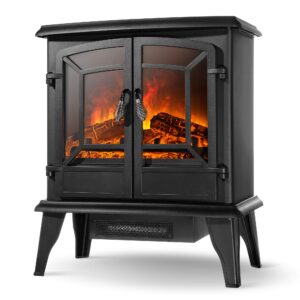 della 19 inch 1400w electric fireplace compact freestanding portable stove heater with realistic wood burning flame effect, for living room or bedroom - black