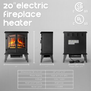 Della 19 Inch 1400W Electric Fireplace Compact Freestanding Portable Stove Heater with Realistic Wood Burning Flame Effect, for Living Room or Bedroom - Black