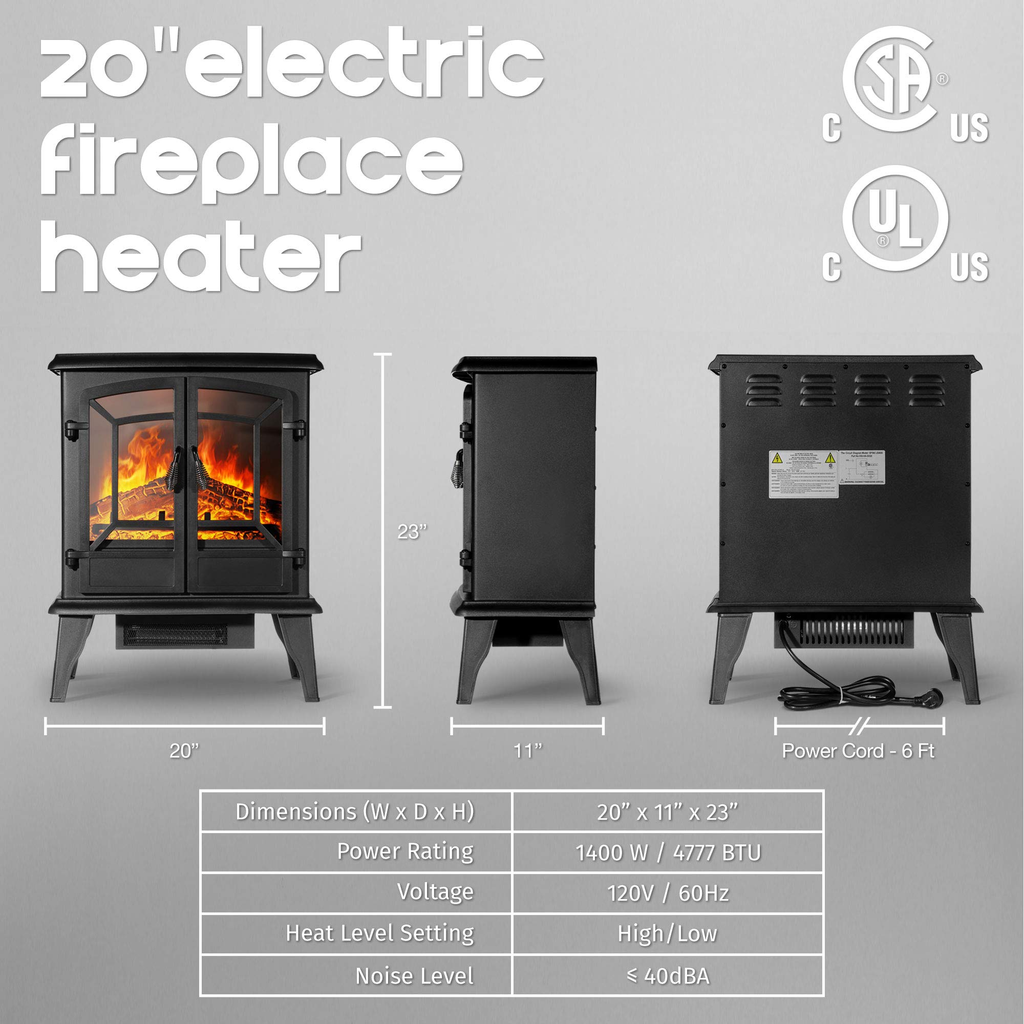 Della 19 Inch 1400W Electric Fireplace Compact Freestanding Portable Stove Heater with Realistic Wood Burning Flame Effect, for Living Room or Bedroom - Black