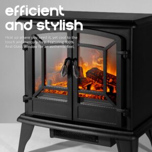 Della 19 Inch 1400W Electric Fireplace Compact Freestanding Portable Stove Heater with Realistic Wood Burning Flame Effect, for Living Room or Bedroom - Black