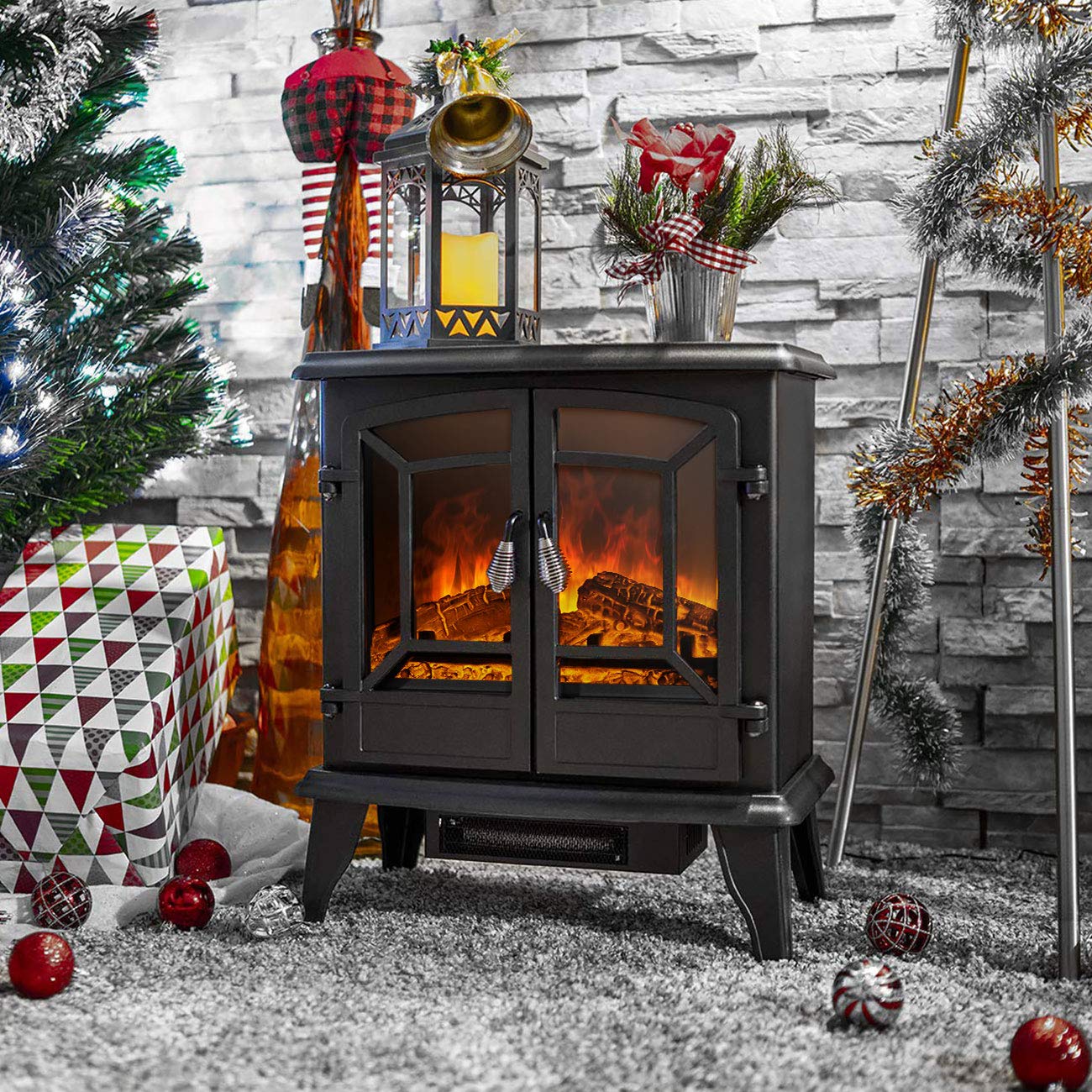 Della 19 Inch 1400W Electric Fireplace Compact Freestanding Portable Stove Heater with Realistic Wood Burning Flame Effect, for Living Room or Bedroom - Black