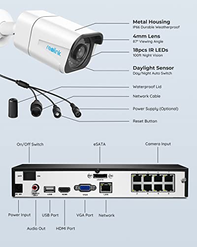 REOLINK RLK8-800B4 4K Security Camera System - H.265 4pcs 4K PoE Security Cameras Wired with Person Vehicle Detection, 8MP/4K 8CH NVR with 2TB HDD for 24-7 Recording