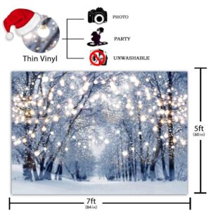 Funnytree 7x5ft Winter Scene Backdrop Wonderland Snowflake Photography Background Bokeh Glitter White Snow Forest Christmas Party Decoration Tree Landscape Kids Portrait Photobooth Photo Studio Props