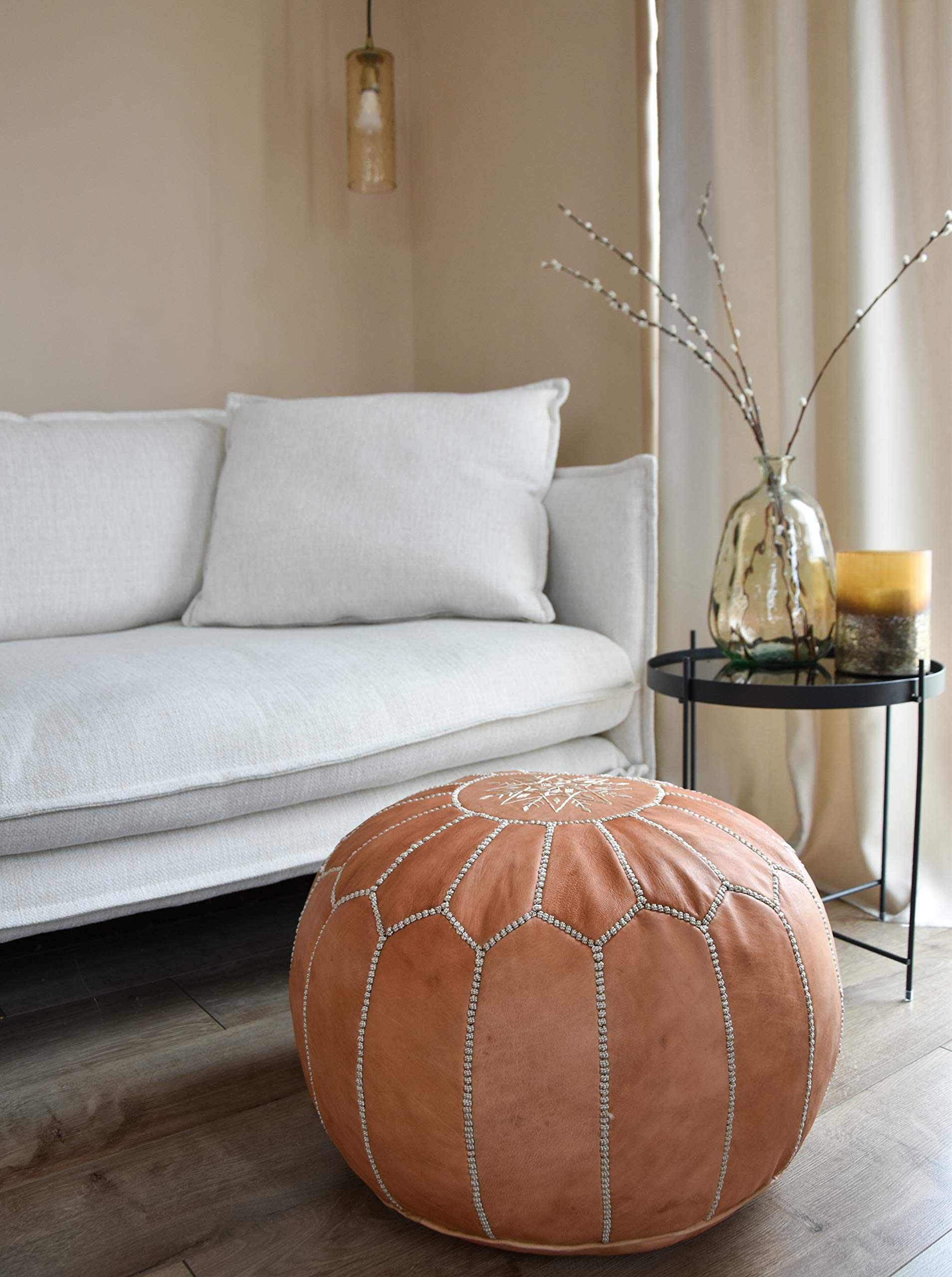 Premium Moroccan Leather Pouf - Handmade - Delivered Stuffed - Ottoman, Footstool, Floor Cushion (Natural)