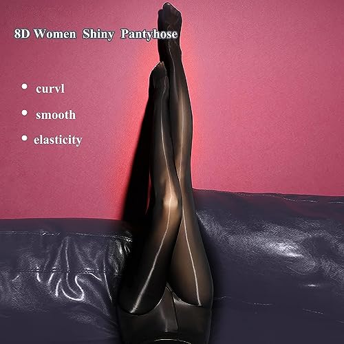 HTRUIYA Women's Tights 8 Denier Sheer Tights Smooth Stockings Oil Shiny Stockings High Waist Pantyhose Sexy Silk Pantyhose-Black