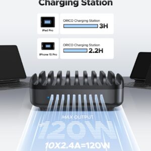 ORICO 120W Charging Station for Multiple Devices, 10-Ports USB Charging Docking Organizer Station, Multi USB Charging Station Compatible with iPad, Tablet, Kindle, Airpods and Cell Phone