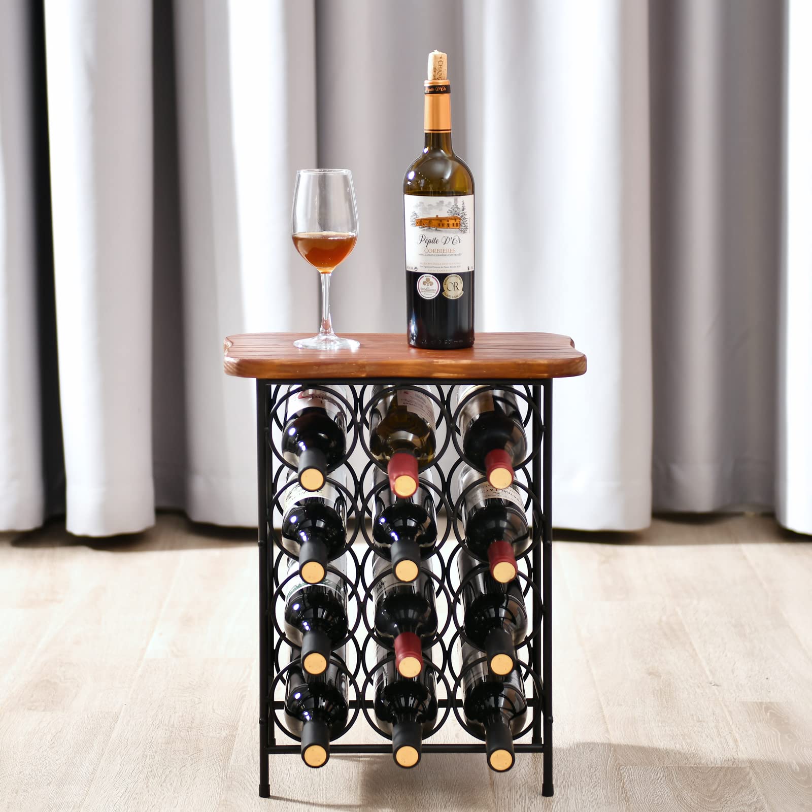 WELLAND 12 Bottle Wine Rack with Solid Wood Table Top, Metal & Pine Free Standing Wine Storage Rack