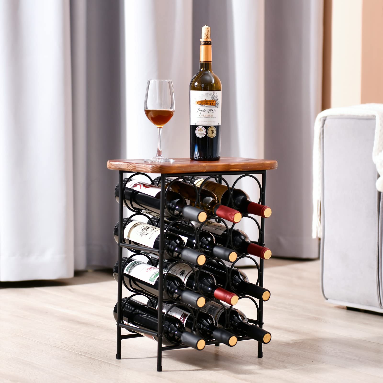 WELLAND 12 Bottle Wine Rack with Solid Wood Table Top, Metal & Pine Free Standing Wine Storage Rack