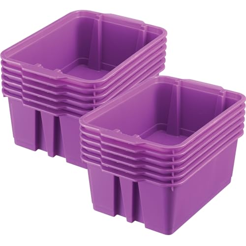 Really Good Stuff 160074PU Stackable Plastic Book and Organizer Bins for Classroom or Home Use – Sturdy, Colored Plastic Baskets (Set of 12),Purple