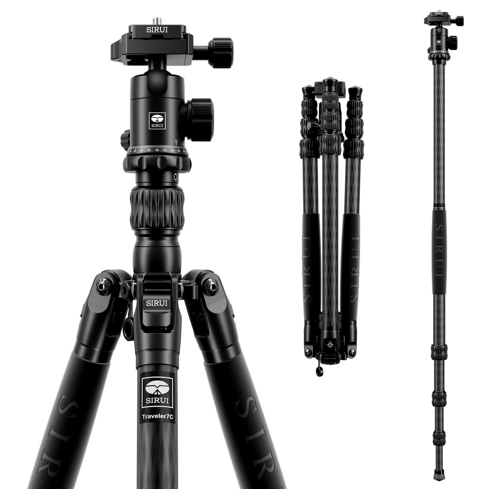 SIRUI Traveler 7C Camera Tripod 65.55 inches Carbon Fiber Arca Tripod with E-10 360° Panorama Ball Head and Arca Swiss Quick Release Plate Load Capacity Up to 17.6lbs, Convertible to Monopod